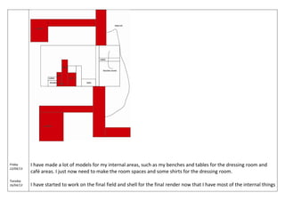 Friday
12/04/13
Tuesday
16/04/13
I have made a lot of models for my internal areas, such as my benches and tables for the dressing room and
café areas. I just now need to make the room spaces and some shirts for the dressing room.
I have started to work on the final field and shell for the final render now that I have most of the internal things
 
