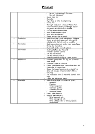 Proposal
4
- Why is it being made? (Purpose)
- How will it be seen?
 Sound effect list
 Music list
 Style sheet or other visual planning
 Scene plan
 Thorough production schedule/ Action Plan
 Consider making a storyboard to get a clear
image of how the animation will look.
 List any necessary resources
 Write up a contingency plan
 Write a risk assessment
 Create a production schedule
5 Production  Begin production on the game world. All focus
should go into getting as much of the world
established in the first week as possible.
6 Production  Continue development on the main area of play
 Design the characters.
 Begin work on the combat system
7 Production  Continue to flesh out the world
 Finish the combat system
 Add the map feature
 Add the inventory feature
 Start the character dialogue if there is time
8 Production  Finish the game world and any add on areas if
there is time
 Finish the character dialogue
 Create special effects for the in game world and
the combat UI respectively.
 Create the boss character and combat (if not
done with previous implementation of these
features)
 Add intractable items to the world (combat item
key)
 Create and add sound effects
9 Evaluation  Begin an Evaluation on the whole project
- Research
- Planning
- Time management
- Technical qualities
- Aesthetic qualities
- Audience Appeal
 Collect peer feedback
 Analyse peer feedback
- What is agreed with
- What is disagreed with
- What will I consider for future projects /
development
 