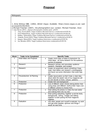 Proposal
3
Bibliography:
1. Anna Wintour DBE. (1892). British Vogue. Available: https://www.vogue.co.uk/. Last
accessed 01/05/2019.
2.Michael Freeman (2007). the photographers eye. London: Michael Freeman. Anon
3. Amy Davies (2011). Amateur photographer.london:anon . p34-56
1. Amy, Foster (2019) Target Audience Research Survey ( conducted on 01/05/19)
2. Josh,Palmer(2019) Target Audience Research Survey ( conducted on 01/05/19)
3. Kallum, Sykes(2019) Target Audience Research Survey ( conducted on 01/05/19)
4. Amanda, Foster (2019) Target Audience Research Survey ( conducted on 01/05/19
5. Imogen, Minto(2019) Target Audience Interviews ( conducted on 01/05/19)
6. Joe, Bowden (2019) Target Audience Interviews( conducted on 01/05/19)
Week Tasks to be Completed: Specific Tasks
1 Initial Ideas and Proposal  Create mind maps of ideas to brainstorm for
initial ideas , do some research for the audience
section of proposal.
2 Research  Research primary and secondary audience
research, interviews and surveys.
3 Research  Create an experiment about something I have
never tried before and research a photographer
and found out some information that could help
me.
4 Pre-production & Planning  Create layout plans so that I have a clear idea
about what the overall look of my magazine will
be and decide on fonts, colours, patterns.
5 Production  Create font and background .
6 Production  Lots of different photo shoots taking photos here
using props and different stuff so that I have a lot
of different photos to choose from.
7 Production  Start editing the photos to make the look better
and making them into my own.
8 Production  Start putting everything together so all the fonts,
backgrounds, writing , images and editing
together to start putting the final magazine
together.
9 Evaluation  Use other people and myself to evaluate my work
and get other peoples opinions and things I
would do next time.
 