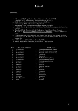 Proposal
2
Bibliography:
1. Jude turner. (2022) Target Audience Research Survey (conducted on 19/02/22)
2. Elijah smith (2022) Target Audience Interviews (conducted on 22/2/22)
3. (2022). SkateismIssue#8. Athens:Christos Simos (Moch). Source 4
4. Michael Savage (2017). In Formalities: self-published
5. Sasha Kurmaz (2016). Poisonous Berries. Ukraine: Bronze Age Editions
6. i-D (2019). The Get Up Stand Up Issue #358.Britain: Vice Media. Meet the queer skate kids of San
Francisco.
7. Slam Jam (2020). Slam Jam & Brain Dead present Queer Skate Milano. 3 March.
Available at: https://www.youtube.com/watch?v=buvyLGYH9xI (Accessed:18 February
2022).
8. Clementine Zawadzki. (2018). Liverpool band Piss Kitti have two main aims: to make you dance
and make you think. Available: https://hero-magazine.com/article/135676/piss-kitti. Last accessed
2nd mar 2022.
9. Mitchell Bradshaw (2019). KIDS. London: Self-published.
10. Mitchell Bradshaw (2021) Southside Circular. Edition 1. Self published
Week Tasks to be Completed: Specific Tasks
1 Pre-production  Proposal and background research
2 Pre-production  Research- primary and secondary
3 Pre-production  Research- primary and secondary
4 Pre-production  Experiments
5 Pre-production  Experiments
6 Pre-production  Pre-Production and planning
7 Pre-production  Pre-Production and planning
8 Production  Production and reflections
9 Production  producing
10 Production  producing
11 Production  Draft peer feedback
12 Production  Producing
13 Production  Producing
14 Evaluation  Evaluation
15 Evaluation  Evaluation
16 Evaluation  Presentation
17 Moderation  Moderating
18 Show Preparation  Preparing
19 Show  Showing
 