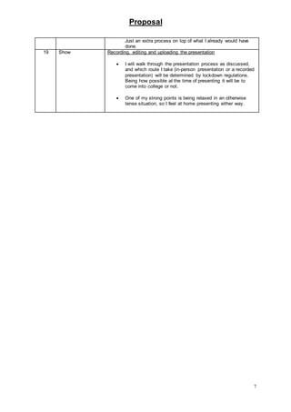 Proposal
7
Just an extra process on top of what I already would have
done.
19 Show Recording, editing and uploading the presentation
 I will walk through the presentation process as discussed,
and which route I take (in-person presentation or a recorded
presentation) will be determined by lockdown regulations.
Being how possible at the time of presenting it will be to
come into college or not.
 One of my strong points is being relaxed in an otherwise
tense situation, so I feel at home presenting either way.
 