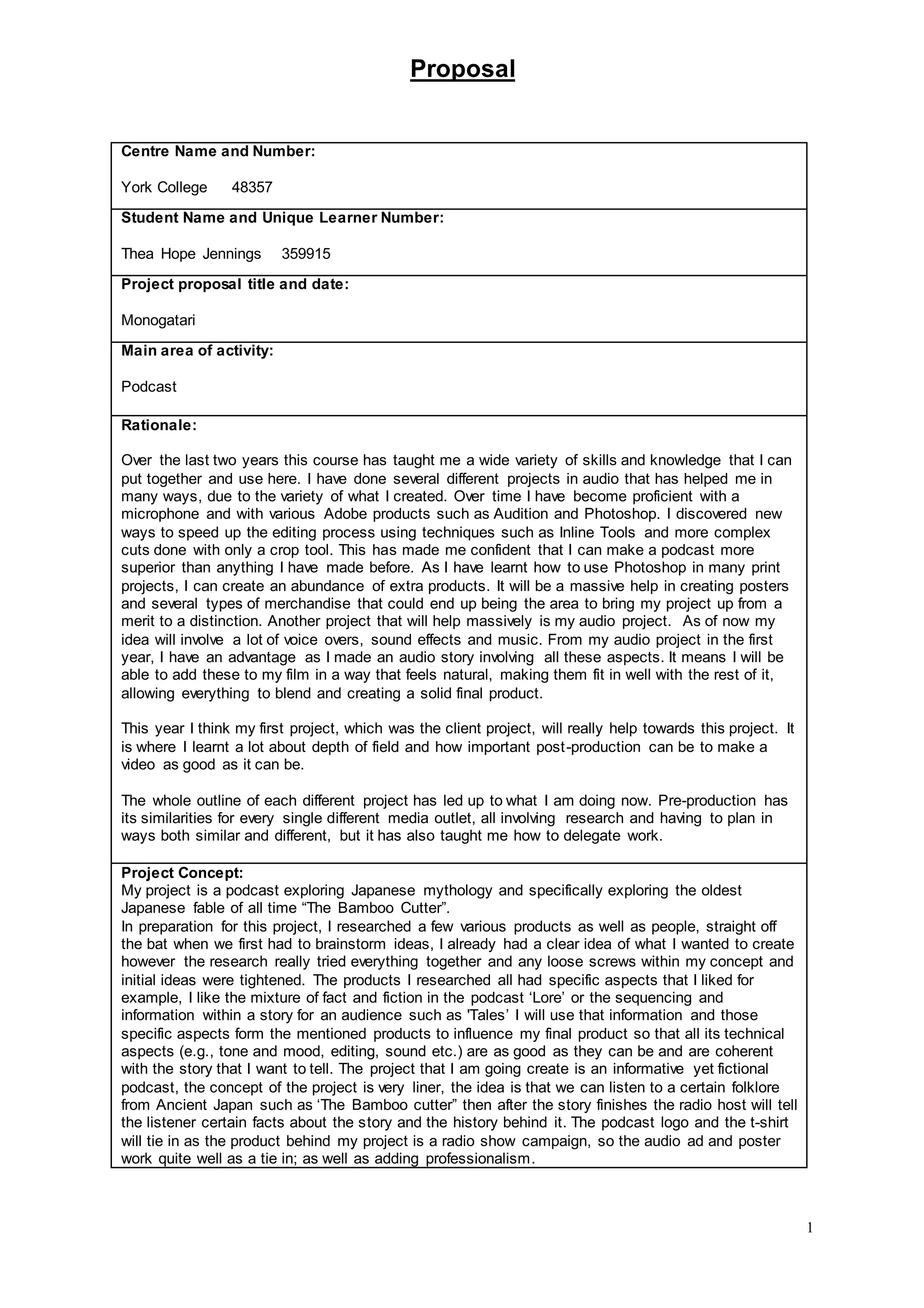 Proposal
1
Centre Name and Number:
York College 48357
Student Name and Unique Learner Number:
Thea Hope Jennings 359915
Project proposal title and date:
Monogatari
Main area of activity:
Podcast
Rationale:
Over the last two years this course has taught me a wide variety of skills and knowledge that I can
put together and use here. I have done several different projects in audio that has helped me in
many ways, due to the variety of what I created. Over time I have become proficient with a
microphone and with various Adobe products such as Audition and Photoshop. I discovered new
ways to speed up the editing process using techniques such as Inline Tools and more complex
cuts done with only a crop tool. This has made me confident that I can make a podcast more
superior than anything I have made before. As I have learnt how to use Photoshop in many print
projects, I can create an abundance of extra products. It will be a massive help in creating posters
and several types of merchandise that could end up being the area to bring my project up from a
merit to a distinction. Another project that will help massively is my audio project. As of now my
idea will involve a lot of voice overs, sound effects and music. From my audio project in the first
year, I have an advantage as I made an audio story involving all these aspects. It means I will be
able to add these to my film in a way that feels natural, making them fit in well with the rest of it,
allowing everything to blend and creating a solid final product.
This year I think my first project, which was the client project, will really help towards this project. It
is where I learnt a lot about depth of field and how important post-production can be to make a
video as good as it can be.
The whole outline of each different project has led up to what I am doing now. Pre-production has
its similarities for every single different media outlet, all involving research and having to plan in
ways both similar and different, but it has also taught me how to delegate work.
Project Concept:
My project is a podcast exploring Japanese mythology and specifically exploring the oldest
Japanese fable of all time “The Bamboo Cutter”.
In preparation for this project, I researched a few various products as well as people, straight off
the bat when we first had to brainstorm ideas, I already had a clear idea of what I wanted to create
however the research really tried everything together and any loose screws within my concept and
initial ideas were tightened. The products I researched all had specific aspects that I liked for
example, I like the mixture of fact and fiction in the podcast ‘Lore’ or the sequencing and
information within a story for an audience such as 'Tales’ I will use that information and those
specific aspects form the mentioned products to influence my final product so that all its technical
aspects (e.g., tone and mood, editing, sound etc.) are as good as they can be and are coherent
with the story that I want to tell. The project that I am going create is an informative yet fictional
podcast, the concept of the project is very liner, the idea is that we can listen to a certain folklore
from Ancient Japan such as ‘The Bamboo cutter” then after the story finishes the radio host will tell
the listener certain facts about the story and the history behind it. The podcast logo and the t-shirt
will tie in as the product behind my project is a radio show campaign, so the audio ad and poster
work quite well as a tie in; as well as adding professionalism.
 