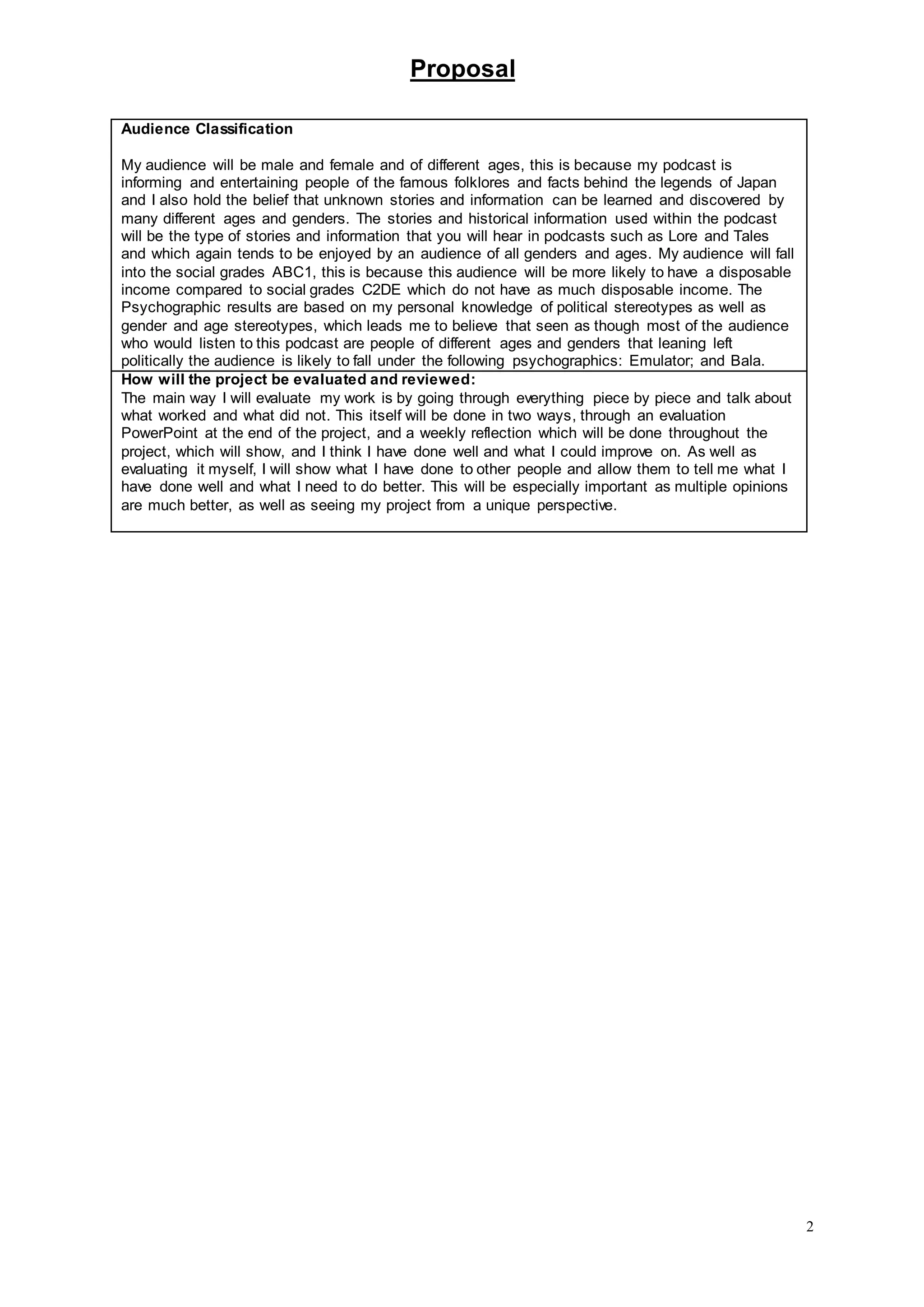 Proposal
2
Audience Classification
My audience will be male and female and of different ages, this is because my podcast is
informing and entertaining people of the famous folklores and facts behind the legends of Japan
and I also hold the belief that unknown stories and information can be learned and discovered by
many different ages and genders. The stories and historical information used within the podcast
will be the type of stories and information that you will hear in podcasts such as Lore and Tales
and which again tends to be enjoyed by an audience of all genders and ages. My audience will fall
into the social grades ABC1, this is because this audience will be more likely to have a disposable
income compared to social grades C2DE which do not have as much disposable income. The
Psychographic results are based on my personal knowledge of political stereotypes as well as
gender and age stereotypes, which leads me to believe that seen as though most of the audience
who would listen to this podcast are people of different ages and genders that leaning left
politically the audience is likely to fall under the following psychographics: Emulator; and Bala.
How will the project be evaluated and reviewed:
The main way I will evaluate my work is by going through everything piece by piece and talk about
what worked and what did not. This itself will be done in two ways, through an evaluation
PowerPoint at the end of the project, and a weekly reflection which will be done throughout the
project, which will show, and I think I have done well and what I could improve on. As well as
evaluating it myself, I will show what I have done to other people and allow them to tell me what I
have done well and what I need to do better. This will be especially important as multiple opinions
are much better, as well as seeing my project from a unique perspective.
 