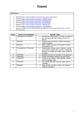 Proposal
3
Bibliography:
1. Source 3 https://internationalman.com/articles/nine-meals-from-anarchy/
2. Source 4 https://www.youtube.com/watch?v=YWNWi-ZWL3c
3. Source 5 https://www.youtube.com/watch?v=bO8EqMsxOiU
4. Source 6 https://www.youtube.com/watch?v=PJvosb4UCLs
5. Source 7 https://www.youtube.com/watch?v=94KcI0gLq1A
6. Source 8 https://www.youtube.com/watch?v=-VNczhWD2ao
7. https://www.bfi.org.uk/sites/bfi.org.uk/files/downloads/bfi-statistical-yearbook-audiences-2016-
2017-09-27.pdf
Week Tasks to be Completed: Specific Tasks
1 Initial Ideas and Proposal  Explain how certain pieces of media will influence
you. Get the rough Idea of what I want to do
sorted.
2 Research  Practical research-testing camera techniques,
subject research
3 Research  More in depth analysis of the pieces of media
that influence me.
4 Pre-production & Planning  Getting props, testing colour schemes, making
style sheets, location plan, shot list, contingency
planning and health and safety sheet, production
schedule.
5 Production  Booking kit to film on this week or the weekend.
6 Production  Filming and editing, finishing any other tasks
7 Production  Editing on pro premier colour grading, making
music on garage band
8 Production  Last editing and other tasks on power point to
complete
9 Evaluation  Read through my whole project and create an
unbiased evaluation.
 