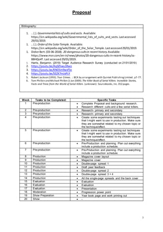 Proposal
3
Bibliography:
1. .. (.). Governmentallistsof cults and sects. Available:
https://en.wikipedia.org/wiki/Governmental_lists_of_cults_and_sects.Lastaccessed
29/01/2019.
1. .. (.). Orderof the SolarTemple. Available:
https://en.wikipedia.org/wiki/Order_of_the_Solar_Temple.Lastaccessed29/01/2019.
1. DidierBert.(03-06-2018). 20 dangerouscultsin recent history.Available:
https://www.msn.com/en-in/news/photos/20-dangerous-cults-in-recent-history/ss-
BBHQo4T. Last accessed29/01/2019.
1. Harris, Benjamin. (2019) Target Audience Research Survey (conducted on 21/01/2019)
2. https://youtu.be/AqSZhwu1Rwo
3. https://youtu.be/KNOSm9wvf5o
4. https://youtu.be/SEZK7mJoPLY
5. Robert Jackson (1993). True Crimes. .: BCA by arrangement with Quintet PublishingLimited . p7-77.
6. Tom Philbin and Michael Philbin (1 Jan 2009). The Killer Book of Serial Killers: Incredible Stories,
Facts and Trivia from the World of Serial Killers. (unknown): Sourcebooks, Inc.352 pages.
Week Tasks to be Completed: Specific Tasks
1 Pre-production  Complete Proposal and background research.
 Research different cults and a few serial killers.
2 Pre-production  Research- primary and secondary
3 Pre-production  Research- primary and secondary
4 Pre-production  Create some experiments testing out techniques
that I might want to use in production. Make sure
they are somewhat related to my chosen topic or
the technique/effect.
5 Pre-production  Create some experiments testing out techniques
that I might want to use in production. Make sure
they are somewhat related to my chosen topic or
the technique/effect.
6 Pre-production  Pre-Production and planning. Plan out everything
include a production schedule.
7 Pre-production  Pre-Production and planning. Plan out everything
include a production schedule.
8 Production  Magazine cover layout
9 Production  Magazine cover
10 Production  Double-page spread 1
11 Production  Draft peer feedback
12 Production  Double-page spread 2
13 Production  Double-page spread 3 + 4
14 Production  All the single-page spreads and the back cover
15 Evaluation  Evaluation
16 Evaluation  Evaluation
17 Evaluation  Presentation
18 Moderation  Progression power point
19 Show Preparation  Year book page and work printing out
20 Show  -
 