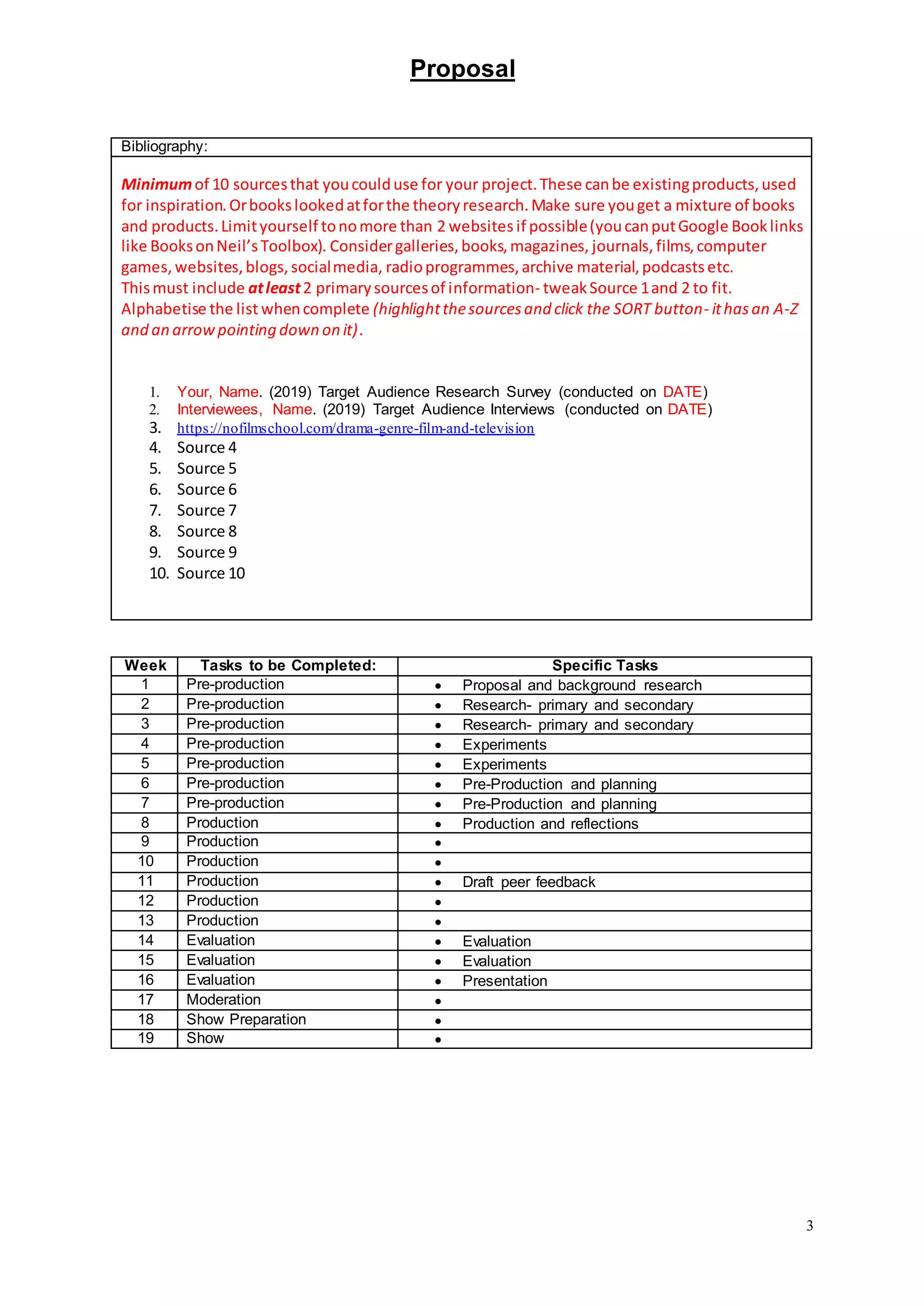 Proposal
3
Bibliography:
Minimumof 10 sourcesthat youcoulduse for your project.These canbe existingproducts,used
for inspiration.Orbookslookedatforthe theoryresearch.Make sure youget a mixture of books
and products.Limityourself tonomore than 2 websites if possible(youcanputGoogle Booklinks
like BooksonNeil’sToolbox). Considergalleries,books,magazines, journals, films,computer
games, websites,blogs,socialmedia, radioprogrammes,archive material,podcasts etc.
Thismust include atleast2 primarysourcesof information- tweakSource 1and 2 to fit.
Alphabetise the list whencomplete (highlightthesourcesand click the SORT button- ithasan A-Z
and an arrowpointing down on it).
1. Your, Name. (2019) Target Audience Research Survey (conducted on DATE)
2. Interviewees, Name. (2019) Target Audience Interviews (conducted on DATE)
3. https://nofilmschool.com/drama-genre-film-and-television
4. Source 4
5. Source 5
6. Source 6
7. Source 7
8. Source 8
9. Source 9
10. Source 10
Week Tasks to be Completed: Specific Tasks
1 Pre-production  Proposal and background research
2 Pre-production  Research- primary and secondary
3 Pre-production  Research- primary and secondary
4 Pre-production  Experiments
5 Pre-production  Experiments
6 Pre-production  Pre-Production and planning
7 Pre-production  Pre-Production and planning
8 Production  Production and reflections
9 Production 
10 Production 
11 Production  Draft peer feedback
12 Production 
13 Production 
14 Evaluation  Evaluation
15 Evaluation  Evaluation
16 Evaluation  Presentation
17 Moderation 
18 Show Preparation 
19 Show 
 