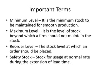 Important TermsMinimum Level – It is the minimum stock to be maintained for smooth production.Maximum Level – It is the level of stock, beyond which a firm should not maintain the stock.Reorder Level – The stock level at which an order should be placed.Safety Stock – Stock for usage at normal rate during the extension of lead time.
