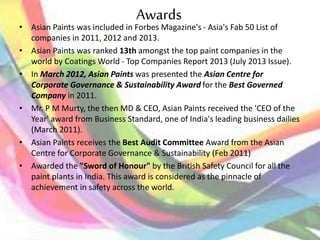 Awards
• Asian Paints was included in Forbes Magazine's - Asia's Fab 50 List of
companies in 2011, 2012 and 2013.
• Asian Paints was ranked 13th amongst the top paint companies in the
world by Coatings World - Top Companies Report 2013 (July 2013 Issue).
• In March 2012, Asian Paints was presented the Asian Centre for
Corporate Governance & Sustainability Award for the Best Governed
Company in 2011.
• Mr. P M Murty, the then MD & CEO, Asian Paints received the 'CEO of the
Year' award from Business Standard, one of India's leading business dailies
(March 2011).
• Asian Paints receives the Best Audit Committee Award from the Asian
Centre for Corporate Governance & Sustainability (Feb 2011)
• Awarded the "Sword of Honour" by the British Safety Council for all the
paint plants in India. This award is considered as the pinnacle of
achievement in safety across the world.
 