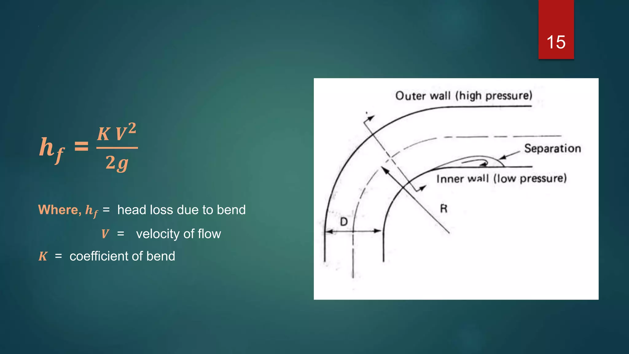<<,
15
𝒉 𝒇 =
𝑲 𝑽 𝟐
𝟐𝒈
Where, 𝒉 𝒇 = head loss due to bend
𝑽 = velocity of flow
𝑲 = coefficient of bend
 