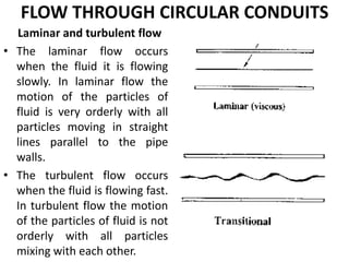 FLOW THROUGH CIRCULAR CONDUITS
Laminar and turbulent flow
• The laminar flow occurs
when the fluid it is flowing
slowly. In laminar flow the
motion of the particles of
fluid is very orderly with all
particles moving in straight
lines parallel to the pipe
walls.
• The turbulent flow occurs
when the fluid is flowing fast.
In turbulent flow the motion
of the particles of fluid is not
orderly with all particles
mixing with each other.
 