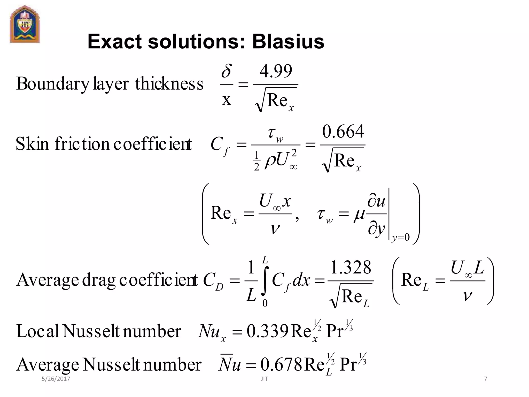 Exact solutions: Blasius
3
1
2
1
3
1
2
1
PrRe678.0numberNusseltAverage
PrRe339.0numberNusseltLocal
Re
Re
328.11
tcoefficiendragAverage
,Re
Re
664.0
tcoefficienfrictionSkin
Re
99.4
x
knesslayer thicBoundary
0
0
2
2
1
L
xx
L
L
L
fD
y
wx
x
w
f
x
uN
Nu
LU
dxC
L
C
y
uxU
U
C


























 




d
5/26/2017 JIT 7
 