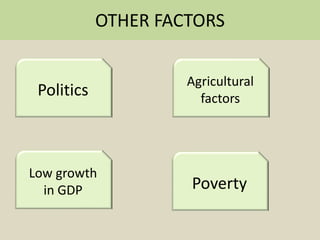 OTHER FACTORS

Politics

Agricultural
factors

Low growth
in GDP

Poverty

 