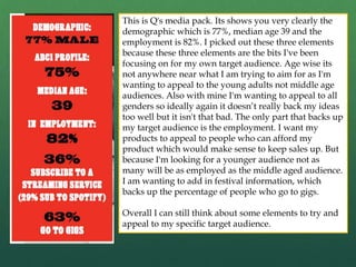 This is Q's media pack. Its shows you very clearly the
demographic which is 77%, median age 39 and the
employment is 82%. I picked out these three elements
because these three elements are the bits I've been
focusing on for my own target audience. Age wise its
not anywhere near what I am trying to aim for as I'm
wanting to appeal to the young adults not middle age
audiences. Also with mine I'm wanting to appeal to all
genders so ideally again it doesn’t really back my ideas
too well but it isn't that bad. The only part that backs up
my target audience is the employment. I want my
products to appeal to people who can afford my
product which would make sense to keep sales up. But
because I'm looking for a younger audience not as
many will be as employed as the middle aged audience.
I am wanting to add in festival information, which
backs up the percentage of people who go to gigs.
Overall I can still think about some elements to try and
appeal to my specific target audience.
 