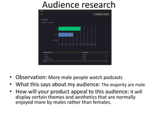 Audience research
• Observation: More male people watch podcasts
• What this says about my audience: The majority are male
• How will your product appeal to this audience: It will
display certain themes and aesthetics that are normally
enjoyed more by males rather than females.
 