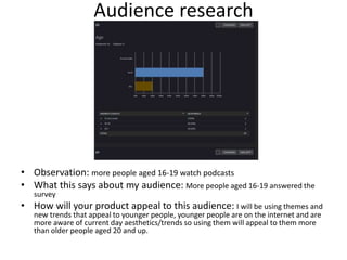 Audience research
• Observation: more people aged 16-19 watch podcasts
• What this says about my audience: More people aged 16-19 answered the
survey
• How will your product appeal to this audience: I will be using themes and
new trends that appeal to younger people, younger people are on the internet and are
more aware of current day aesthetics/trends so using them will appeal to them more
than older people aged 20 and up.
 