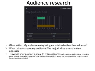 Audience research
• Observation: My audience enjoy being entertained rather than educated
• What this says about my audience: The majority like entertainment
podcasts
• How will your product appeal to this audience: I will create a podcast that I think is
entertaining in order to appeal to the audience who quite clearly like entertainment type podcasts
based on the statistics/
 