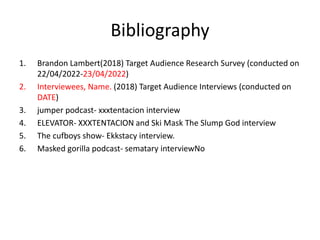 Bibliography
1. Brandon Lambert(2018) Target Audience Research Survey (conducted on
22/04/2022-23/04/2022)
2. Interviewees, Name. (2018) Target Audience Interviews (conducted on
DATE)
3. jumper podcast- xxxtentacion interview
4. ELEVATOR- XXXTENTACION and Ski Mask The Slump God interview
5. The cufboys show- Ekkstacy interview.
6. Masked gorilla podcast- sematary interviewNo
 