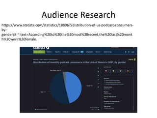 Audience Research
https://www.statista.com/statistics/188967/distribution-of-us-podcast-consumers-
by-
gender/#:~:text=According%20to%20the%20most%20recent,the%20last%20mont
h%20were%20female.
 