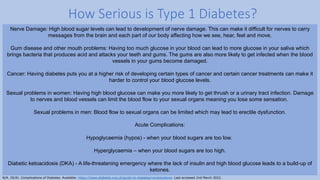 How Serious is Type 1 Diabetes?
Nerve Damage: High blood sugar levels can lead to development of nerve damage. This can make it difficult for nerves to carry
messages from the brain and each part of our body affecting how we see, hear, feel and move.
Gum disease and other mouth problems: Having too much glucose in your blood can lead to more glucose in your saliva which
brings bacteria that produces acid and attacks your teeth and gums. The gums are also more likely to get infected when the blood
vessels in your gums become damaged.
Cancer: Having diabetes puts you at a higher risk of developing certain types of cancer and certain cancer treatments can make it
harder to control your blood glucose levels.
Sexual problems in women: Having high blood glucose can make you more likely to get thrush or a urinary tract infection. Damage
to nerves and blood vessels can limit the blood flow to your sexual organs meaning you lose some sensation.
Sexual problems in men: Blood flow to sexual organs can be limited which may lead to erectile dysfunction.
Acute Complications:
Hypoglycaemia (hypos) - when your blood sugars are too low.
Hyperglycaemia – when your blood sugars are too high.
Diabetic ketoacidosis (DKA) - A life-threatening emergency where the lack of insulin and high blood glucose leads to a build-up of
ketones.
N/A. (N/A). Complications of Diabetes. Available: https://www.diabetes.org.uk/guide-to-diabetes/complications. Last accessed 2nd March 2022.
 