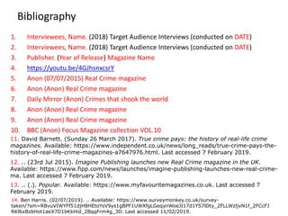 Bibliography
1. Interviewees, Name. (2018) Target Audience Interviews (conducted on DATE)
2. Interviewees, Name. (2018) Target Audience Interviews (conducted on DATE)
3. Publisher. (Year of Release) Magazine Name
4. https://youtu.be/4GJhsnxcsrY
5. Anon (07/07/2015) Real Crime magazine
6. Anon (Anon) Real Crime magazine
7. Daily Mirror (Anon) Crimes that shook the world
8. Anon (Anon) Real Crime magazine
9. Anon (Anon) Real Crime magazine
10. BBC (Anon) Focus Magazine collection VOL.10
13. .. (.). Popular. Available: https://www.myfavouritemagazines.co.uk. Last accessed 7
February 2019.
11. David Barnett. (Sunday 26 March 2017). True crime pays: the history of real-life crime
magazines. Available: https://www.independent.co.uk/news/long_reads/true-crime-pays-the-
history-of-real-life-crime-magazines-a7647976.html. Last accessed 7 February 2019.
12. .. (23rd Jul 2015). Imagine Publishing launches new Real Crime magazine in the UK.
Available: https://www.fipp.com/news/launches/imagine-publishing-launches-new-real-crime-
ma. Last accessed 7 February 2019.
14. Ben Harris. (02/07/2019). .. Available: https://www.surveymonkey.co.uk/survey-
taken/?sm=RBvuVIWYFf51djH8HEtoYsV9ys1gBPF1UWXfgLGeqynWoeJI17d1YS7lDty_2FLLWzljvN1f_2FCcFJ
RKl6xBzbHot1aeX7D1bKkHid_2BqqFrm4g_3D. Last accessed 11/02/2019.
 