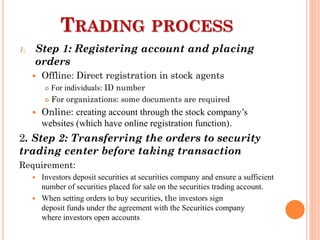 TRADING PROCESS
1. Step 1: Registering account and placing
orders
 Offline: Direct registration in stock agents
 For individuals: ID number
 For organizations: some documents are required
 Online: creating account through the stock company’s
websites (which have online registration function).
2. Step 2: Transferring the orders to security
trading center before taking transaction
Requirement:
 Investors deposit securities at securities company and ensure a sufficient
number of securities placed for sale on the securities trading account.
 When setting orders to buy securities, the investors sign
deposit funds under the agreement with the Securities company
where investors open accounts
 