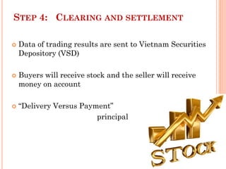 STEP 4: CLEARING AND SETTLEMENT
 Data of trading results are sent to Vietnam Securities
Depository (VSD)
 Buyers will receive stock and the seller will receive
money on account
 “Delivery Versus Payment”
principal
 