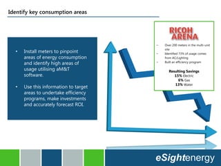 • Install meters to pinpoint
areas of energy consumption
and identify high areas of
usage utilising aM&T
software.
• Use this information to target
areas to undertake efficiency
programs, make investments
and accurately forecast ROI.
- Over 200 meters in the multi-unit
site
- Identified 73% of usage comes
from AC/Lighting
- Built an efficiency program
Resulting Savings
15% Electric
6% Gas
13% Water
Identify key consumption areas
 