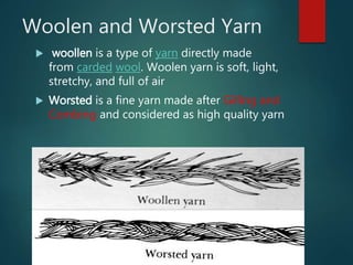 Woolen and Worsted Yarn
 woollen is a type of yarn directly made
from carded wool. Woolen yarn is soft, light,
stretchy, and full of air
 Worsted is a fine yarn made after Gilling and
Combing and considered as high quality yarn
 