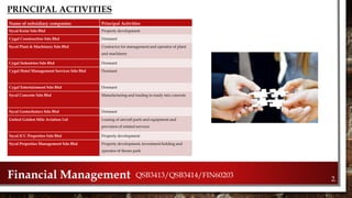 2.Financial Management QSB3413/QSB3414/FIN60203
PRINCIPAL ACTIVITIES
Name of subsidiary companies Principal Activities
Sycal Kulai Sdn Bhd Property development
Cygal Construction Sdn Bhd Dormant
Sycal Plant & Machinery Sdn Bhd Contractor for management and operator of plant
and machinery
Cygal Industries Sdn Bhd Dormant
Cygal Hotel Management Services Sdn Bhd Dormant
Cygal Entertainment Sdn Bhd Dormant
Sycal Concrete Sdn Bhd Manufacturing and trading in ready mix concrete
Sycal Geotechniecs Sdn Bhd Dormant
United Golden Mile Aviation Ltd Leasing of aircraft parts and equipment and
provision of related services
Sycal ICC Properties Sdn Bhd Property development
Sycal Properties Management Sdn Bhd Property development, investment holding and
operator of theme park
 