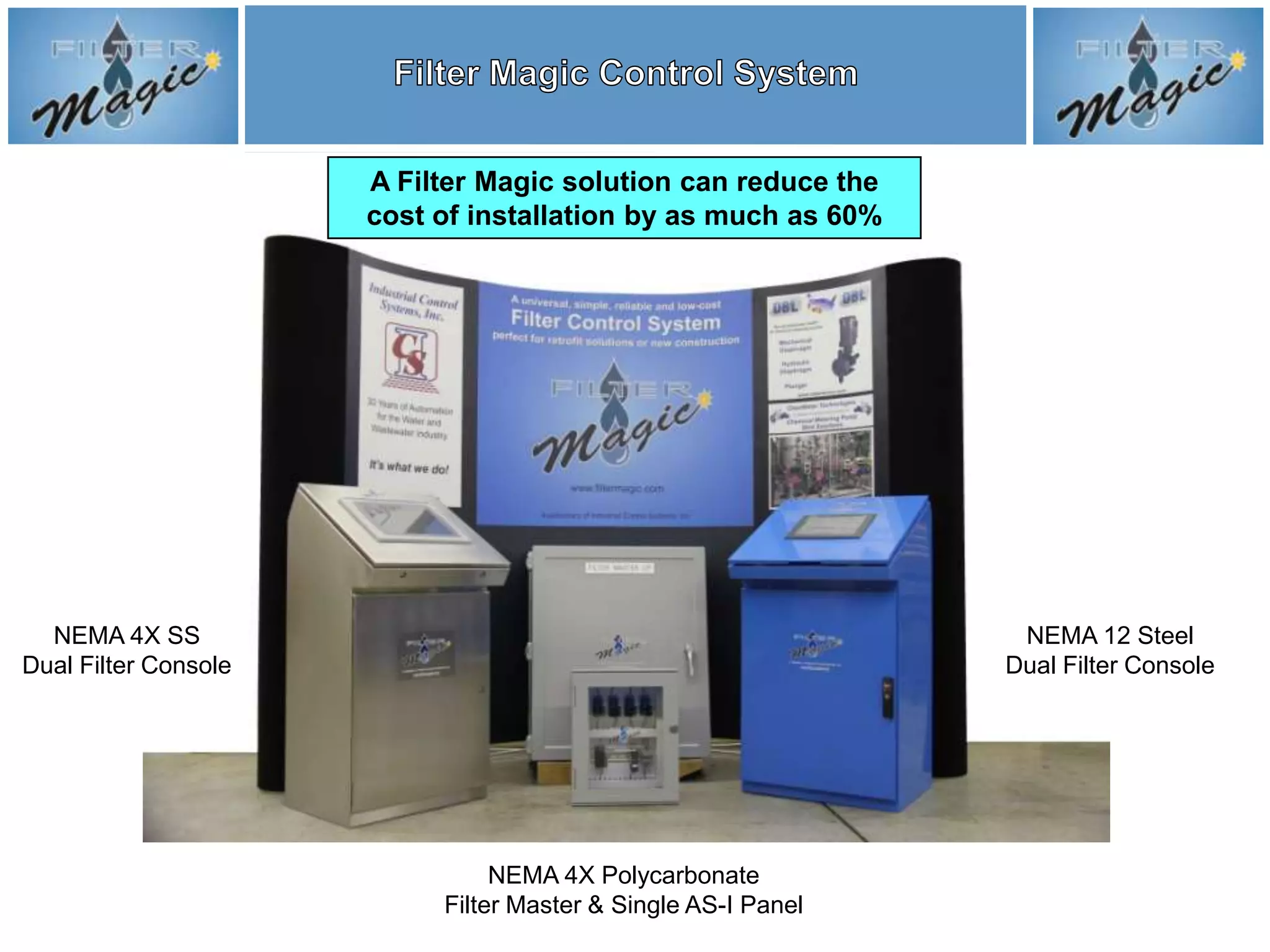 A Filter Magic solution can reduce the
                      cost of installation by as much as 60%




  NEMA 4X SS                                                    NEMA 12 Steel
Dual Filter Console                                            Dual Filter Console




                                NEMA 4X Polycarbonate
                           Filter Master & Single AS-I Panel
 
