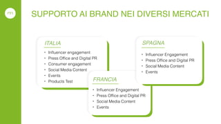 ITALIA
• In
fl
uencer engagement


• Press Of
fi
ce and Digital PR


• Consumer engagement


• Social Media Content


• Ev...