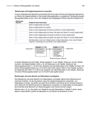 Kapitel 4 | Arbeiten mit Bezugstabellen und -dateien                                                                            120



             Beziehungen, die Vergleichsoperatoren verwenden
            In einer vergleichenden Beziehung verwenden Sie einen oder mehrere der folgenden Operatoren,
            um Werte von Abgleichsfeldern in den beiden Bezugstabellen zu vergleichen. Die Beziehung gibt
            Bezugsdatensätze zurück, wenn der Vergleich den festgelegten Kriterien gemäß erfolgreich ist.
              Relationaler
              Operator              Vergleicht diese Datensätze.
              =                     Werte im Abgleichsfeld sind gleich.
                                   Werte im Abgleichsfeld sind ungleich.
              <                     Werte im linken Abgleichsfeld sind kleiner als Werte im rechten Abgleichsfeld.
                                   Werte im linken Abgleichsfeld sind kleiner oder gleich den Werten im rechten Abgleichsfeld.
              >                     Werte im linken Abgleichsfeld sind größer als Werte im rechten Abgleichsfeld.
                                   Werte im linken Abgleichsfeld sind größer oder gleich den Werten im rechten Abgleichsfeld.
              x                     Alle Datensätze in der linken Tabelle werden mit allen Datensätzen in der rechten Tabelle
                                    verglichen, unabhängig von den Werten in den Abgleichsfeldern.




                              Abgleichsfeld                                                                Abgleichsfeld




                                                                          Relationaler Operator „Größer als“


            In diesem Beispiel sind die Felder „Werbungsdatum“ in der Tabelle „Werbung“ und der Tabelle
            „Kunden“ die Abgleichsfelder. Wenn z. B. ein Datensatz in der Tabelle „Werbung" den
            Werbungsdatumswert 11.12.2014 hat, beziehen sich alle Datensätze in der Tabelle „Kunden“ mit
            einem Werbungsdatumswert von 10.12.2014 oder früher darauf. Wenn in der Tabelle „Kunden“
            ein Datensatz den Wert 11.12.2014 hat, beziehen sich alle Datensätze in der Tabelle „Werbung“
            mit einem Werbungsdatumswert von 12.12.2014 oder später darauf.

            Beziehungen, die einen Bereich von Datensätzen zurückgeben
            Eine Beziehung, die einen Bereich von Datensätzen zurückgibt, gleicht einer Beziehung mit
            mehreren Kriterien, mit der Ausnahme, dass Sie Vergleichsoperatoren verwenden, um
            Datensätze zu finden, die größer als eines Ihrer Kriterien und kleiner als Ihr anderes Kriterium
            sind. Diese Art der Beziehung wird im Allgemeinen verwendet, um Datensätze zurückzugeben,
            die innerhalb eines Bereichs von Datumsangaben oder Seriennummern liegen.
            Nehmen Sie z. B. an, Sie wollen von Tabelle E aus alle Datensätze in Tabelle F sehen, deren
            Werte in Datumsfeld F größer als Startdatum E und kleiner als Enddatum E sind.
 