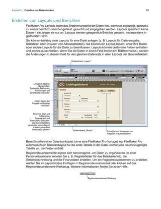 Kapitel 3 | Erstellen von Datenbanken                                                                              81



Erstellen von Layouts und Berichten
            FileMaker Pro-Layouts legen das Erscheinungsbild der Daten fest, wenn sie angezeigt, gedruckt,
            zu einem Bericht zusammengefasst, gesucht und eingegeben werden. Layouts speichern keine
            Daten – sie zeigen sie nur an. Layouts werden gelegentlich Berichte genannt, insbesondere in
            gedruckter Form.
            Sie können beliebig viele Layouts für eine Datei anlegen (z. B. Layouts für Dateneingabe,
            Statistiken oder Drucken von Adressetiketten). Sie können ein Layout ändern, ohne Ihre Daten
            oder andere Layouts für die Datei zu beeinflussen. Layouts können bestimmte Felder enthalten
            und andere ausschließen. Wenn Sie die Daten in einem Feld ändern (im Blätternmodus), werden
            die Änderungen in diesem Feld für den gleichen Datensatz in allen Layouts der Datei reflektiert.

                                               Einblendmenü „Layout“




                    Layouttext: Wird für
                          Überschriften,
                Spaltentitel, Feldnamen,
                      Anweisungen und
                Serienbriefe verwendet.


                      Felder: Dienen der
                   Eingabe und Anzeige
                              von Daten.


                   Bereiche: Kopf- und
                          Fußbereiche,
                      Datenbereich und
                Bereiche für Zwischen-
                  oder Gesamtergebnis
              verwenden, um ein Layout
                   in zweckgebundene
                  Bereiche zu gliedern.         Einblendmenü „Modus“                Schaltflächen: Verwenden, um
                                                                                    Aufgaben zu automatisieren.


            Beim Erstellen einer Datenbankdatei (ohne eine FileMaker Pro-Vorlage) legt FileMaker Pro
            automatisch ein Standardlayout für die erste Tabelle in der Datei und für jede neu hinzugefügte
            Tabelle an, die Felder enthält.
            Registersteuerelemente eignen sich hervorragend, um Daten zu organisieren. In einer
            Personaldatenbank könnten Sie z. B. Registerfelder für das Mitarbeiterfoto, die
            Stellenbeschreibung und die Finanzdaten erstellen. Um ein Registersteuerelement zu erstellen,
            wählen Sie im Layoutmodus Einfügen > Registersteuerelement oder klicken auf das
            Registersteuerelement-Werkzeug. Weitere Informationen finden Sie in der Hilfe.


                                                                Registersteuerelement-Werkzeug
 