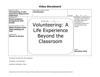 Video Storyboard
Name of video:                               Description of this scene:
Volunteering: A Life                         Introduction
Experience Beyond the
Classroom                                                                                                          Screen ____1___ of ___12____
Background:                                                                                                                 Narration: I want you to
Brown gradient                                                                                                              consider what I have to
background with                                                                                                             say today about the
                                                            Screen size: ____4:3______
                                                                                                                            importance of
border

                                            Volunteering: A
                                                                                                                            volunteering while you
                                                                                                                            are attending high
Color/Type/Size of Font:                                                                                                    school.
White Verdana Font
36pt Heading/24
Text                                        Life Experience
                                              Beyond the
Actual text:
Shown on Screen



                                               Classroom
                                                                                                                            Audio:
                                                                                                                            Narration Only



Transition to next clip: Pan Up/Down

Animation: No animation

Audience Interaction: None                     (Sketch screen here noting color, place, size of graphics if any)




Inspiration for this document: Maricopa Community College. http://www.mcli.dist.maricopa.edu/authoring/studio/index.html
 