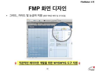 FMP 보고서 
• 보고서 기능 (리포트 작성, 정렬, 숨기기, 요약등의 보고서 작성 기능) 
다양한 형식의 보고서 작성 기능 
31 
FileMaker 소개 
 