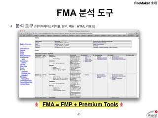 • 런타임 도구 (Win/Mac 실행파일 생성) 
✤ FileMaker 없이 Win/Mac에서 실행 
✤ 네트워크 공유 불가 
• 데이터베이스 파일 암호화 도구 
✤ AES 256bit 
FMA 런타임 / 암호화 
FM...