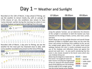 Day 1 – Weather and Sunlight
Recorded on the 12th of March, 2 days ahead of filming, we
see the weather to remain mostly dry, with an average of
5.75% chance of rain, the conditions also remain to have
'sunny intervals', perfect during the morning rise where it can
cast long shadows and good external lighting from the east.
Recorded 13th of March, 1 day prior to filming, we see the
weather for the most part has improved close to date, with
sunny weather recorded to be present at the time of filming.
07:00am 08:00am 09:00am
Using the website 'SunCalc', we can determine the direction
of the sunlight in correlation to both the location you have
selected and the timings of dawn, sunrise, solar noon, sunset,
and dusk.
Shown above we see the sunlight direction and overall change
between 07:00am to 09:00am given these are the main key
times I will conduct my filming; and in addition to this, we see
the sunlight graph against Scene 7, the public street tunnel
walkway, because this shot is mostly orientated around the
use of the shadows and reflections being cast against the
ground and walls here – its also worth considering that this
scene is also closely situated to the bench scene which also
uses shadows being cast.
Observing the diagrams it looks best to
film Scene 7 at roughly 07:15am for
both reasons including the height/angle
of the sun, because this should exhibit
good strong lighting over the buildings,
and the angle of the sunlight, going
into the tunnel leaving some shadows.
 