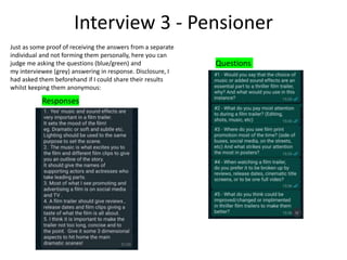 Interview 3 - Pensioner
Just as some proof of receiving the answers from a separate
individual and not forming them personally, here you can
judge me asking the questions (blue/green) and
my interviewee (grey) answering in response. Disclosure, I
had asked them beforehand if I could share their results
whilst keeping them anonymous:
Questions
Responses
 