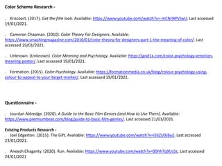 Color Scheme Research -
. Kriscoart. (2017). Get the film look. Available: https://www.youtube.com/watch?v=-mCNrNPVJwU. Last accessed
19/01/2021.
. Cameron Chapman. (2010). Color Theory For Designers. Available:
https://www.smashingmagazine.com/2010/01/color-theory-for-designers-part-1-the-meaning-of-color/. Last
accessed 19/01/2021.
. Unknown. (Unknown). Color Meaning and Psychology. Available: https://graf1x.com/color-psychology-emotion-
meaning-poster/. Last accessed 19/01/2021.
. Formation. (2015). Color Psychology. Available: https://formationmedia.co.uk/blog/colour-psychology-using-
colour-to-appeal-to-your-target-market/. Last accessed 19/01/2021.
Questionnaire -
. Jourdan Aldredge. (2020). A Guide to the Basic Film Genres (and How to Use Them). Available:
https://www.premiumbeat.com/blog/guide-to-basic-film-genres/. Last accessed 21/01/2021.
Existing Products Research -
. Joel Edgerton. (2015). The Gift. Avaliable: https://www.youtube.com/watch?v=I3IiZU9JBuE. Last accessed
23/01/2021.
. Aneesh Chaganty. (2020). Run. Avaliable: https://www.youtube.com/watch?v=0Dhh7q9Us5c. Last accessed
24/01/2021
 
