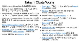 Takeshi Obata Works
• 500 Kōnen no Shinwa (500光年の神話)(1985)
• Cyborg Jii-chan G (CYBORGじいちゃんG（サイ
ボーグじいちゃんジー）)(1989)
• Arabian Lamp Lamp (魔神冒険譚(アラビアン)ラ
ンプ・ランプ)with Susumu Sendo (1991–1992)
• Chikarabito Densetsu -Oni o Tsugu Mono- (力人伝
説 -鬼を継ぐもの-)with Masaru Miyazaki (1992–
1993)
• Karakurizōshi Ayatsuri Sakon (人形(からくり)草
紙あやつり左近)with Sharakumaro (1995–1996)
• Hikaru no Go (ヒカルの碁)with Yumi Hotta and
supervised by Yukari Yoshihara (1998–2003)
• Hajime (はじめ)with Otsuichi (2003)
• Death Note (デスノート, Desu Nōto) with Tsugumi
Ohba (2003–2006)
• Ral Grad (BLUE DRAGON ラルΩグラド) with
Tsuneo Takano (2006–2007)
• Hello Baby with Masanori Morita (2007)
• Uro-oboe Uroboros! (うろおぼえウロボロス
!) with Nisio Isin (2008)
• Bakuman (バクマン。)with
Tsugumi Ohba (2008–2012)
• All You Need Is Kill with Ryōsuke Takeuchi (2014)
• RKD-EK9 with Nisio Isin (2014)
• School Judgement: Gakkyu Hotei (学糾法廷
, Gakkyū Hōtei) with Nobuaki Enoki (2014–2015)
• Platinum End (プラチナエンド)with Tsugumi
Ohba (2015–present)
 