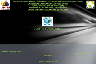 UNIVERSIDAD POLITÉCNICA TERRITORIAL DEL ESTADO MÉRIDA “KLÉBER RAMÍREZ”
UNIVERSIDAD LATINOAMERICANA Y DEL CARIBE
FUNDACIÓN CULTURA SIN FRONTERAS
LICENCIATURA EN ADMNISTRACION/TURISMO
UNIDAD GENERAL-FUNDAMENTOS DE FINANZAS
CUADRO COMPARATIVO
Docente: Dr. Daniel Vegas .
Autor: Ríos Álvarez,
Frangelica
C I No. 27.333.718
.
Caracas, agosto de 2019
 