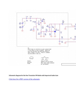 Schematic diagram for the One Transistor FM Radio with Improved Audio Gain

Click here for a PDF version of the schematic.
 