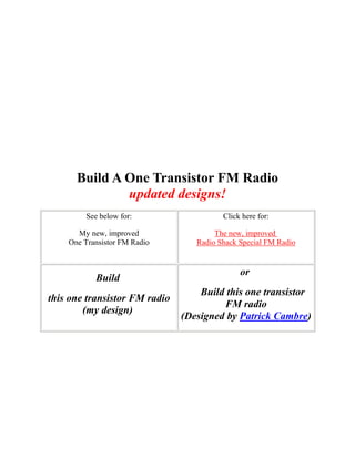 Build A One Transistor FM Radio
              updated designs!
        See below for:                   Click here for:

      My new, improved                 The new, improved
    One Transistor FM Radio       Radio Shack Special FM Radio


                                              or
           Build
                                   Build this one transistor
this one transistor FM radio
                                        FM radio
        (my design)
                               (Designed by Patrick Cambre)
 