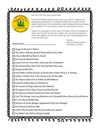 Auggie & Me by R.J. Palacio
The Author’s Odyssey (Land of Stories #5) by Chris Colfer
A Boy Called BAT by Elana K. Arnold
Bunnicula by Deborah Howe
Escape from Mr. Lemoncello’s Library by Chris Grabenstein
The Family Fletcher Takes Rock Island by Dana Alison Levy
George by Alex Gino
Harry Potter and the Chamber of Secrets (Harry Potter #2) by J. K. Rowling
Hidden: A Child’s Story of the Holocaust by Loic Dauvillier
The Indispensable Calvin & Hobbes by Bill Watterson
Inside Out & Back Again by Thanhha Lai
The Invention of Hugo Cabret by Brian Selznick
The Legend of Rock Paper Scissors by Drew Daywalt
The Mysterious Benedict Society by Trenton Lee Stewart
Nurk: The Strange, Surprising Adventures of a (Somewhat) Brave Shrew by Ursula Vernon
Pi in the Sky by Wendy Mass
The Ruins of Gorlan (Ranger’s Apprentice #1) by John Flanagan
Real Friends by Shannon Hale
Starﬁre (The Guardian Herd #1) by Jennifer Lynn Alvarez
Tiny Rabbit’s Big Wish by Margarita Engle
Dear 3rd & 4th Year Lower School Families:
The Forest & Mountain Reader’s Choice Award was created to celebrate the
reading tastes and interests of our students. Modeled after the North Carolina
Children’s Book Award, Forest and Mountain students nominated their favorite books,
and a committee of 4th year students selected the final 20 books on this list.
Students are encouraged to read as many of the books on this list as they like this
summer and in the 2017-18 school year. Students who read at least 5 books from
this list will be eligible to vote for their favorite next year, and the winning book will
receive this award seal!
Sincerely,
Forest & Mountain teachers
and Natalie, LS LibrarianStudent Name: _______________________________
 