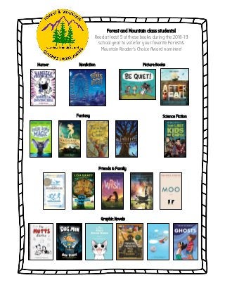 Forest and Mountain class students!
Read at least 5 of these books during the 2018-19
school year to vote for your favorite Forest &
Mountain Reader’s Choice Award nominee!
Humor Nonfiction Picture Books
Fantasy Science Fiction
Friends & Family
Graphic Novels
 