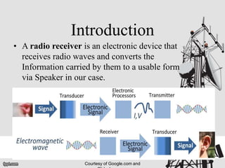Introduction
• A radio receiver is an electronic device that
receives radio waves and converts the
Information carried by them to a usable form
via Speaker in our case.
Courtesy of Google.com and
 