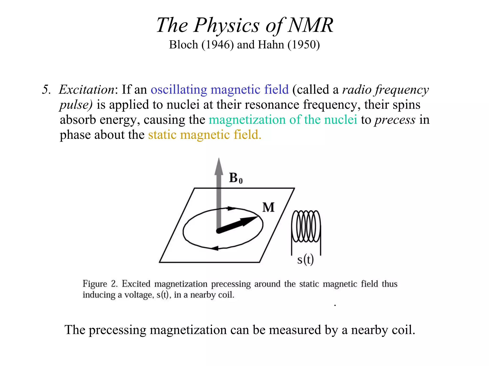 5.  Excitation : If an  oscillating magnetic field  (called a  radio frequency pulse)  is applied to nuclei at their resonance frequency, their spins absorb energy, causing the  magnetization of the nuclei  to  precess  in phase about the  static magnetic field. The Physics of NMR Bloch (1946) and Hahn (1950) The precessing magnetization can be measured by a nearby coil.  