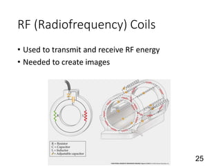 RF (Radiofrequency) Coils
• Used to transmit and receive RF energy
• Needed to create images
25
 
