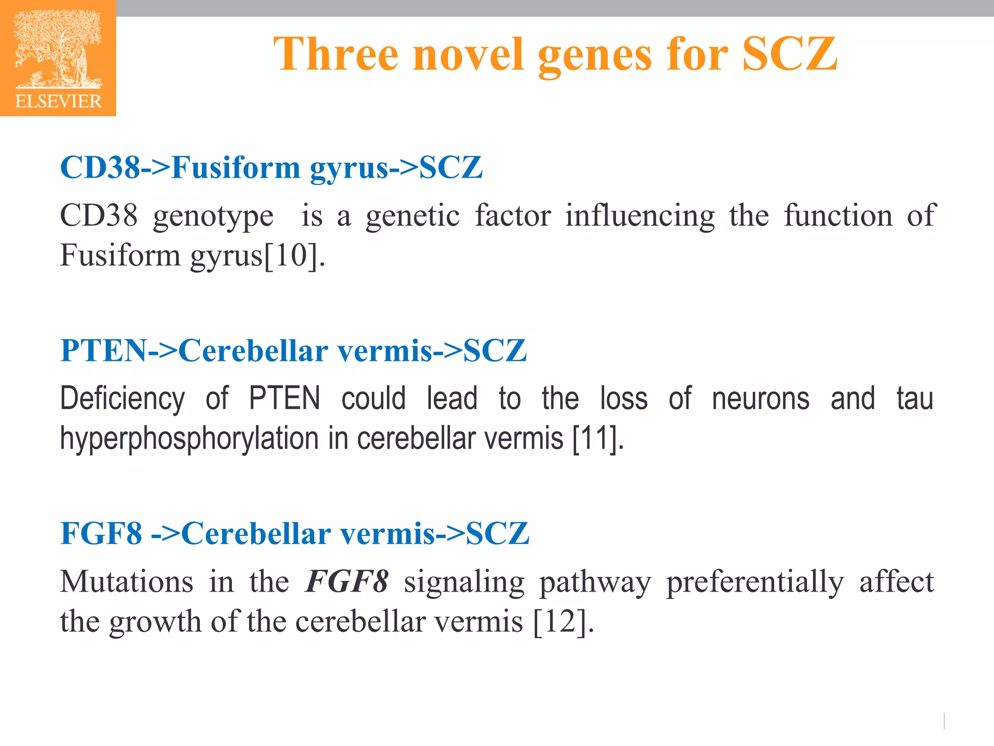 Three novel genes for SCZ
CD38->Fusiform gyrus->SCZ
CD38 genotype is a genetic factor influencing the function of
Fusiform gyrus[10].
PTEN->Cerebellar vermis->SCZ
Deficiency of PTEN could lead to the loss of neurons and tau
hyperphosphorylation in cerebellar vermis [11].
FGF8 ->Cerebellar vermis->SCZ
Mutations in the FGF8 signaling pathway preferentially affect
the growth of the cerebellar vermis [12].
 