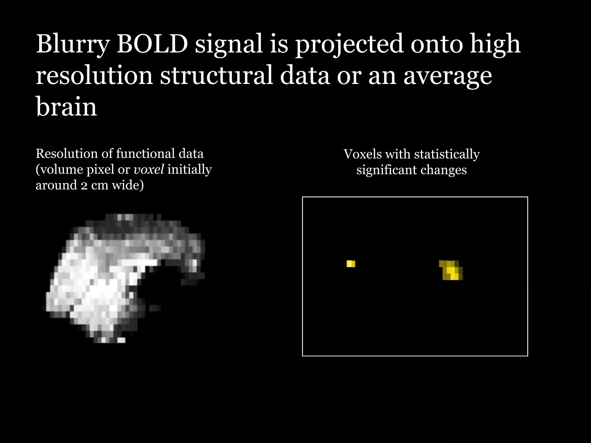 Blurry BOLD signal is projected onto high
resolution structural data or an average
brain
Resolution of functional data      Voxels with statistically
(volume pixel or voxel initially     significant changes
around 2 cm wide)
 
